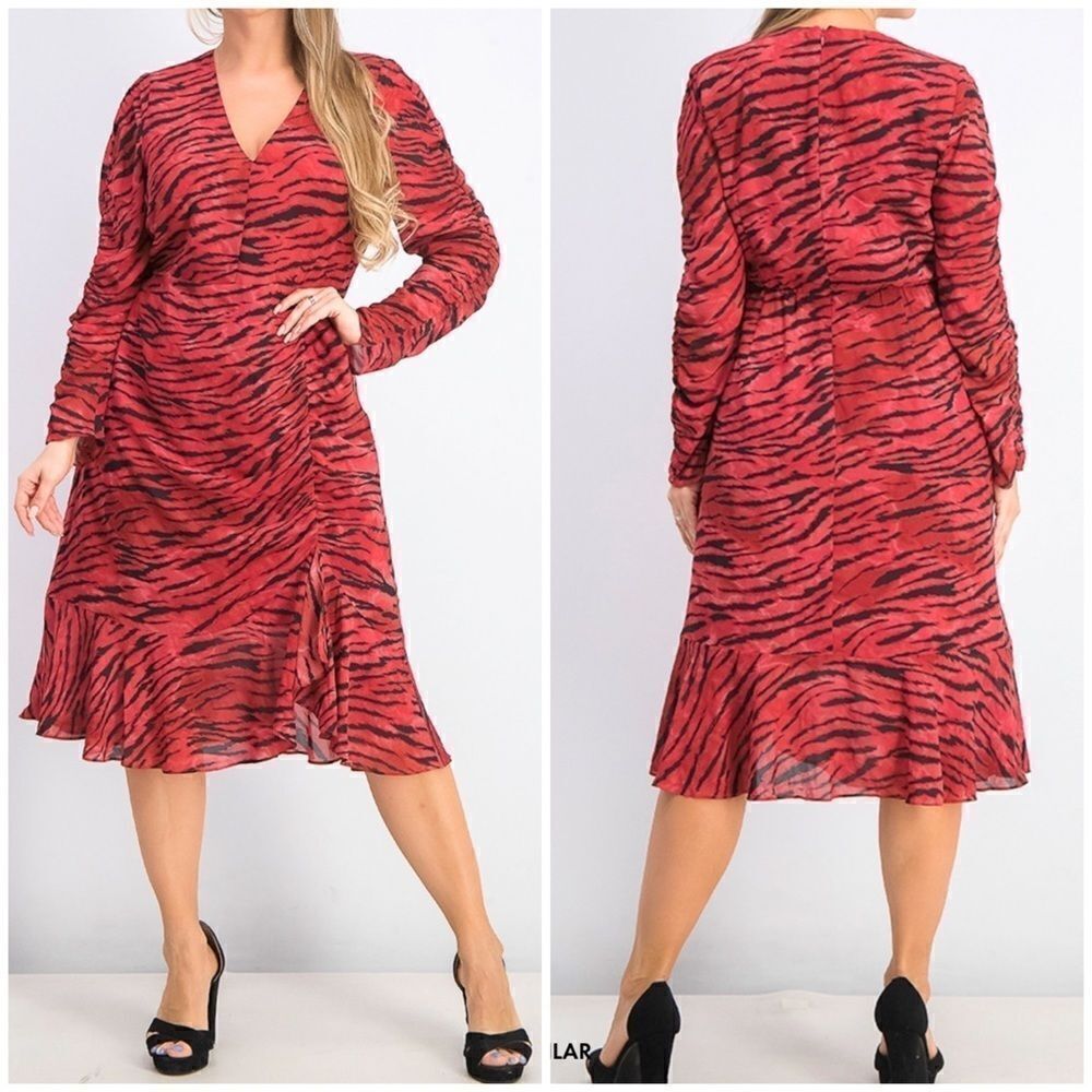 RachelĀ Roy AnjaāRedāTigerāPrintāRuchedāMidiāDress